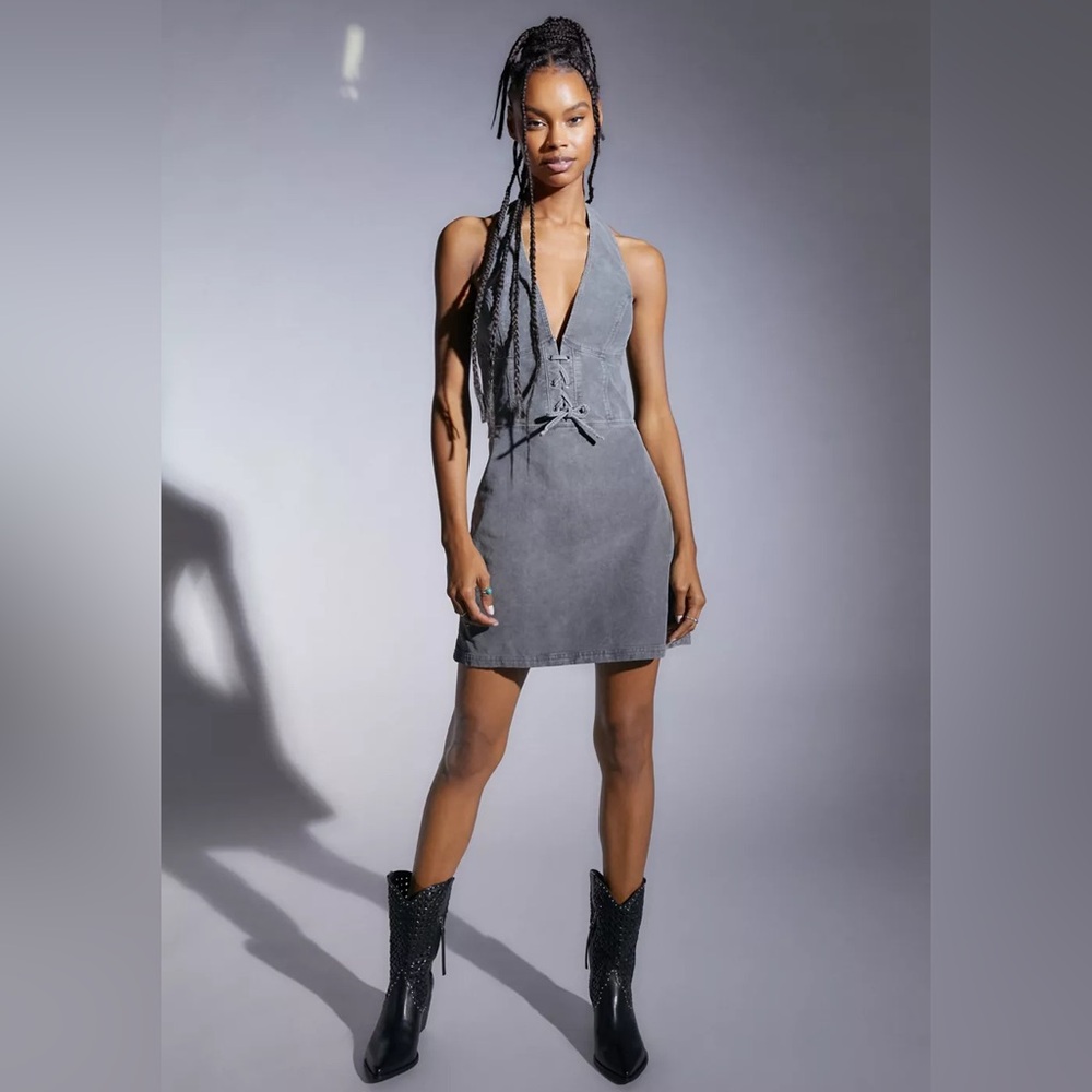 NWT Urban Outfitters UO Alejandra Corduroy Halter Mini Dress - Gray - XS